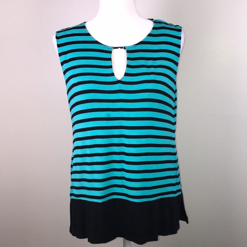 CHAUS Blouse Keyhole Neckline Sleeveless Top Turquoise Black Stripe